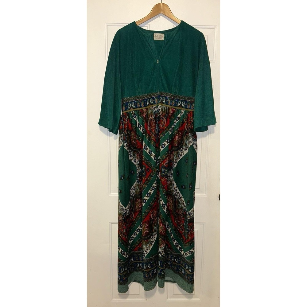 Dela-Ann Creations 60s Vintage Boho Paisley Maxi Dress Retro Velour Festival S/M